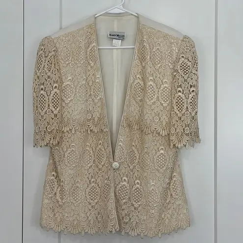 Karen Miller Vintage 80s Med Beige Cream Lace Short Sleeve Button Formal Jacket