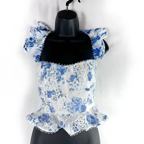 V. Chapman Provence Corset Bustier Top French Blue Floral Ruffle Lace Sz 0