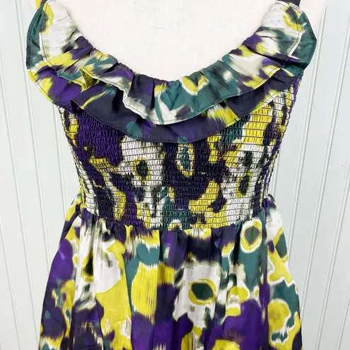 Maeve Anthropologie Giverny Silk Floral Purple Yellow Smocked Dress Size Small