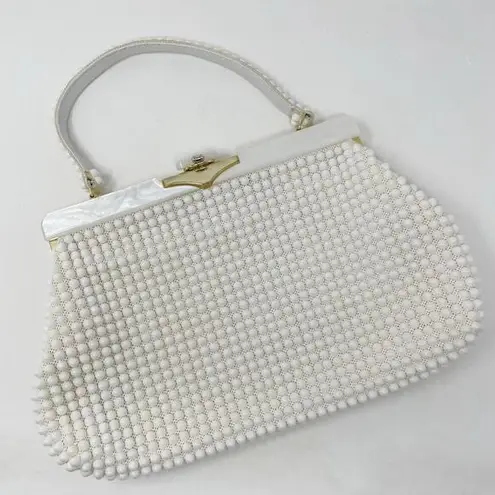Vintage La Regale White Plastic Pearl Beaded Handbag Purse 60s Regency MCM
