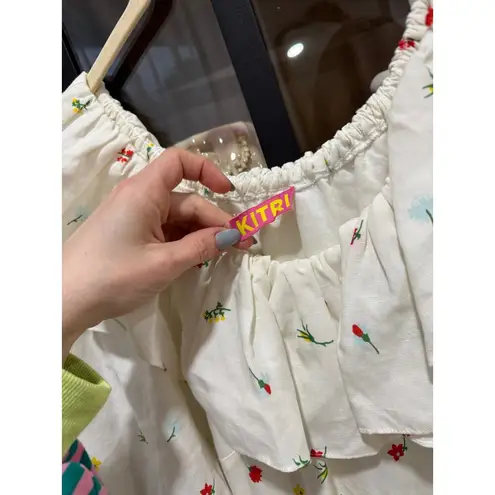 KITRI Imelda Midi Dress pockets belted linen puff sleeve square neck floral Red Size 8