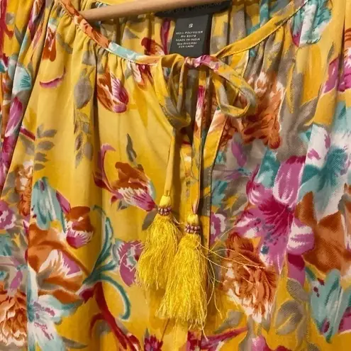 Chelsea & Theodore S Yellow/Multi Floral Beaded Tassel Short SleeveTiered Blouse Yellow