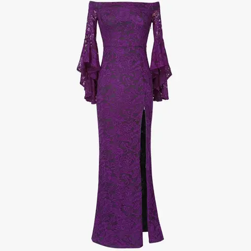 Source Unknown Purple Lace Off Shoulder Ruffle Bell Sleeve Formal Dress Sz XS