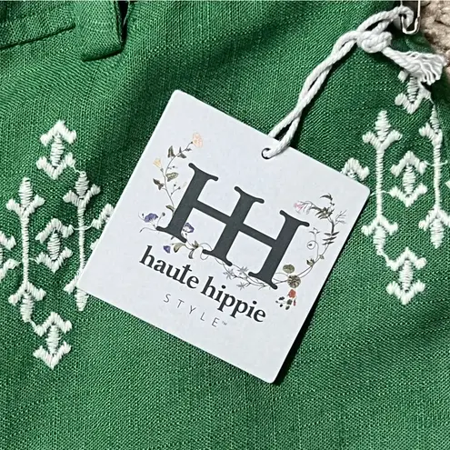 Haute Hippie NWT Green Linen High Waist Wide Leg Embroidered Culotte Pant LARGE