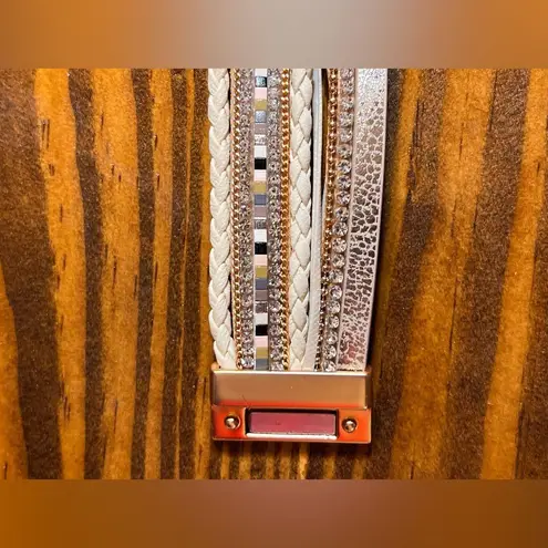 Gold Cream Heart and Stone Bracelet magnetic closure wide beaded cord boho artsy