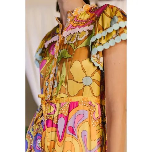 Celia B Lobelia Dress XS Multicolor Floral Midi Pom Pom Trim Boho Orange