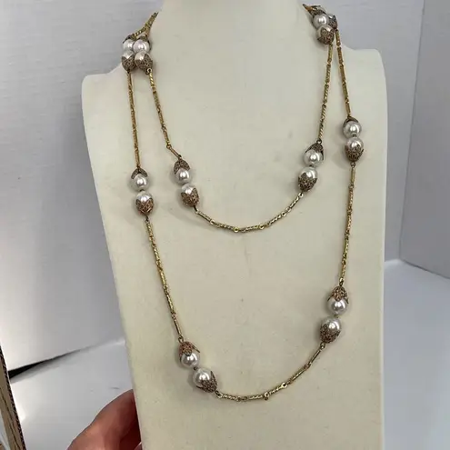 The Bar Vintage faux glass Pearls and chain 48” necklace