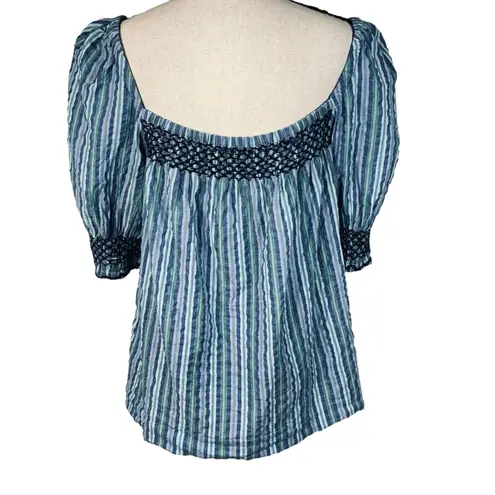 Faherty Medium Peasant Top Striped Puff Sleeves Smocked Square Neck Blue Multi