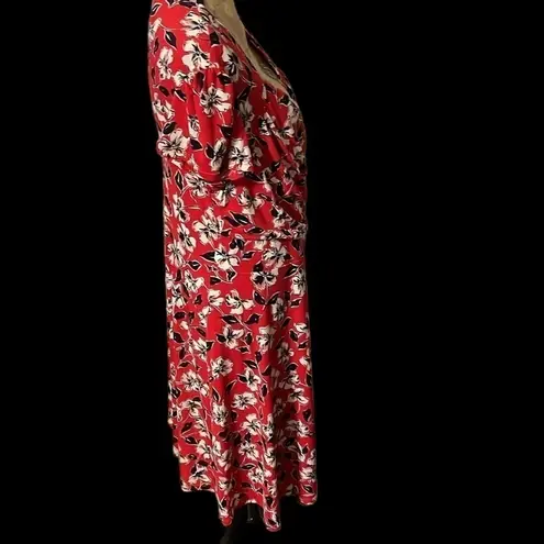 Leota Red plus size faux wrap red floral dress, EUC.