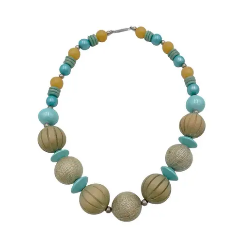 Vintage Chunky Wooden Circle Beads Mixed Materials Necklace Teal Blue Beige Boho Tan