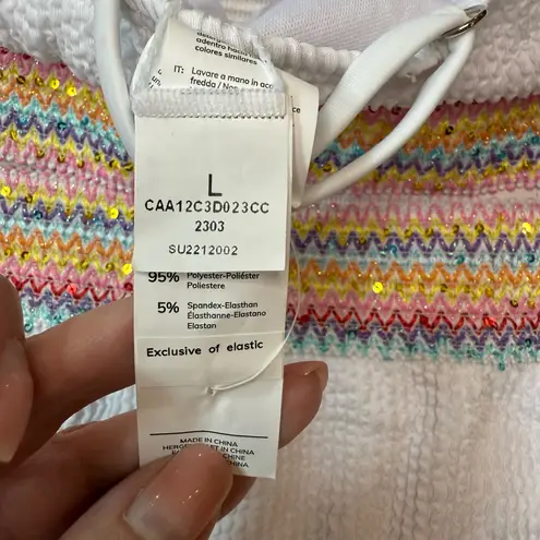 Cupshe  Rainbow Stitch Sparkly High Waisted Two Piece White NWT Size Large