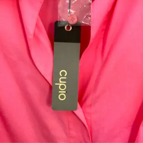 cupio Hot pink tie front crop style button up popping collar blouse
