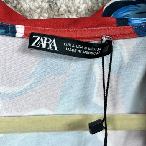 ZARA  Floral Stretch Jersey Long Sleeve Belted Mid Length Dress Red Blue Vacation