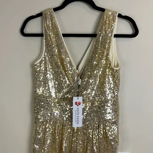 Kate Kasin Bright Gold Sequin Maxi Gown XS Elegant Formal Evening Dress Deep V