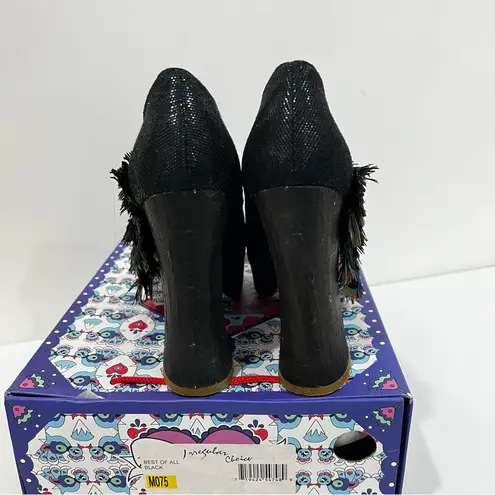 Irregular Choice Peacock Black Heels Size 7.5 With Peacock Feather Detail Art