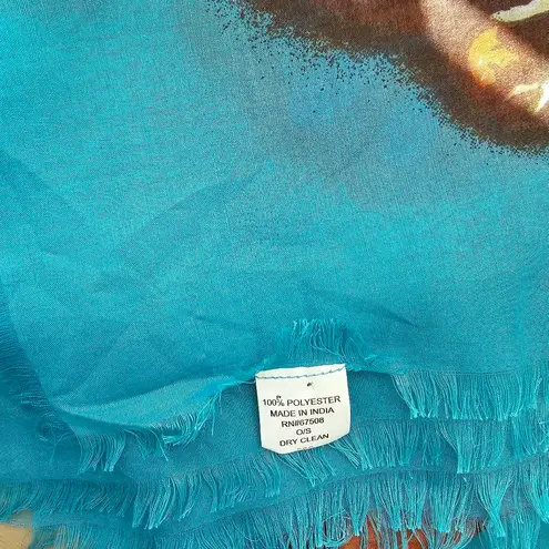 Bright Blue Scarf Orange Roses Semi Sheer With Small Fringe Size 40