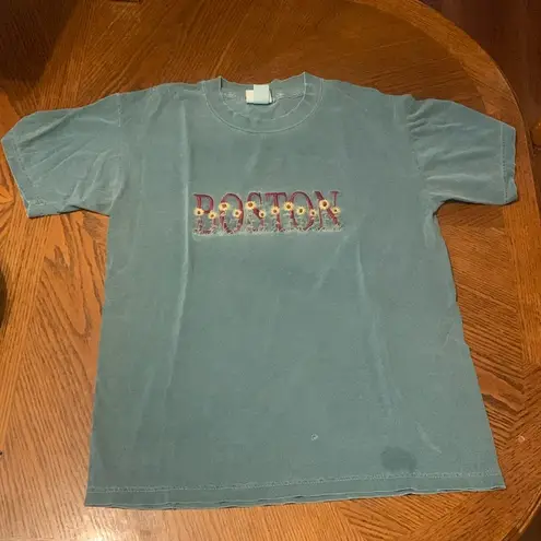 Vintage Sunflower Embroidered Distressed Faded BOSTON T Shirt Grunge Green M Size M