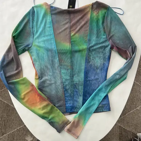 NWT AFRM Kona Mesh Rainbow Square Neck Top Size S Blue