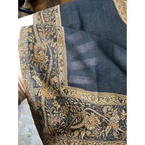 Black Gold Serpent Paisley Shawl Wrap Wool Blend Sheer Panel Fringe Boho Indie