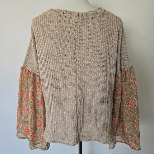 Rods Prim & Proper Beige Paisley Contrast Chiffon Sleeve Sweater Size Small Tan