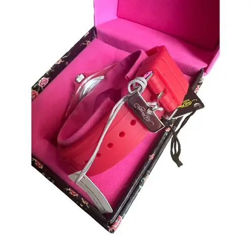 Ed Hardy NIB Love Kills Slowly Watch Swarovski Crystals & Red Pink Band Y2K