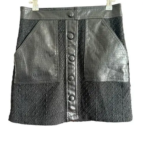 Christian LaCroix | Black Boucle Vegan Croc Leather Button front Mini Skirt Sz 2 - Image 1