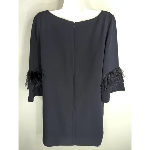 Tahari Navy Shift Dress 3/4 Feather Sleeves Size 10 Witchy Grunge Adams Family