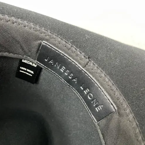 Janessa Leone Wool Fedora Hat Womens Medium Black Wide Brim Ribbon Stripe *