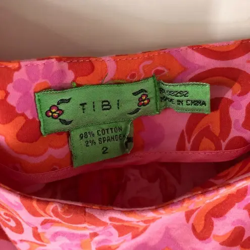 Tibi Womens Cropped Capri Pants Floral Geometric Cotton Stretch Red Pink 2