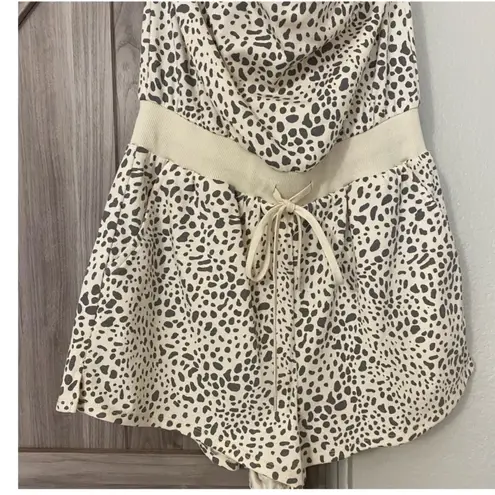 Cream & Gray Animal Print Strapless Romper with Drawstring Waist