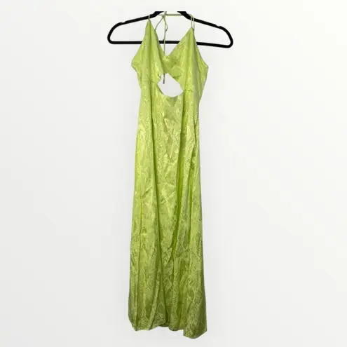 AFRM Radish Dress in Lime Green Snake Jacquard Midi Halter Front Cutout Slip NWT
