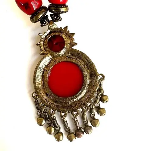 Wood Brass Faux Turquoise Tibetan Bali Style Jingle Necklace Red