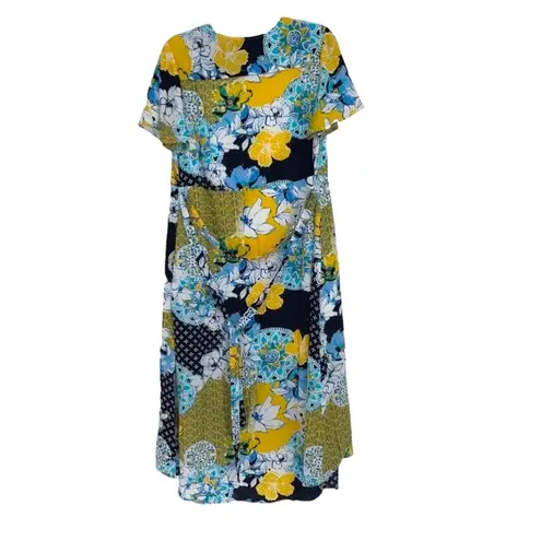 Jessica London BLUE YELLOW WHITE ALL OVER PRINT HI-LOW FAUX WRAP MAXI DRESS 16W