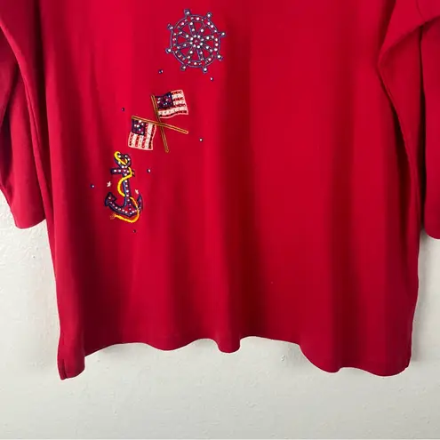 Quacker Factory Red Long Sleeves Embellished Beaded Patriotic Top, Size Large