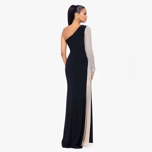 XScape "DORTHEY" LONG CAVIAR BEADED JERSEY KNIT ONE SHOULDER LONG SLEEVE DRESS