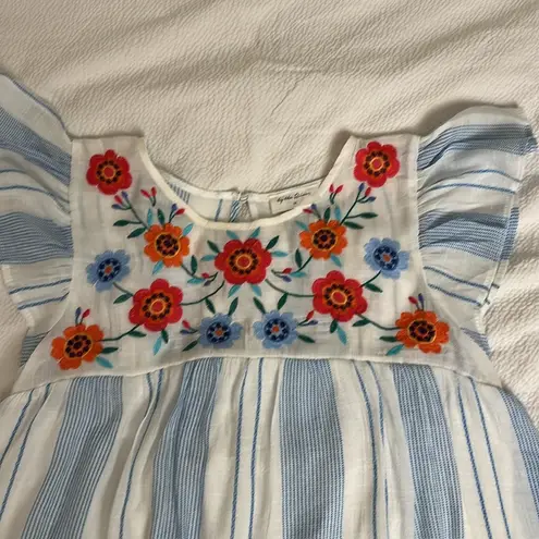 By the River Floral Embroidered Blue and White striped Dress Sz M Size M