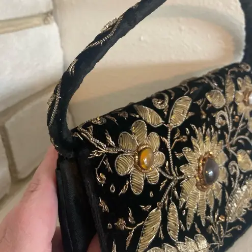 Vintage Black Velvet Embroidered Floral Print Small Clutch Purse