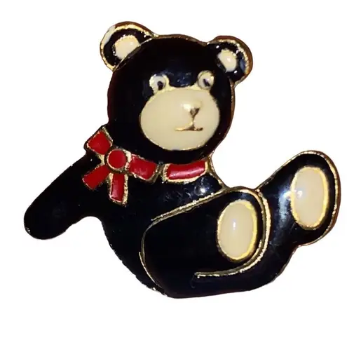 Cute Enamel Pin: Black Teddy Bear with Red Bow and Golden Highlights