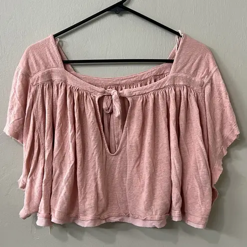 Free People  Linen Sunsetter pink boxy flowy boho open back popover top Sz M