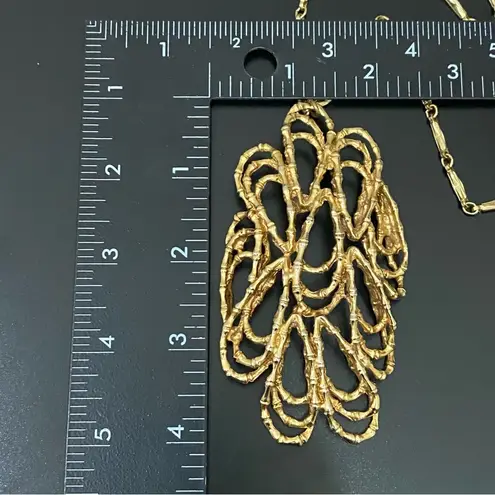 Vintage Abstract Modernist Twisted Bamboo Large Pendant Goldtone 20” Necklace Gold