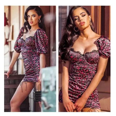 For Love and Lemons Melrose Mini Dress Small Floral Puff Sleeve Ruched Fairy Black