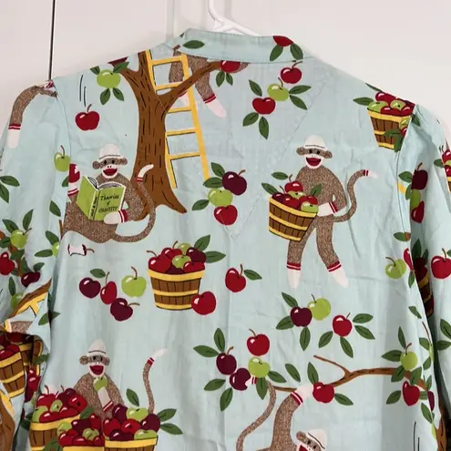 Nick & Nora Small Blue and Red Sock Monkey Apples Long Sleeve Pajama Dress