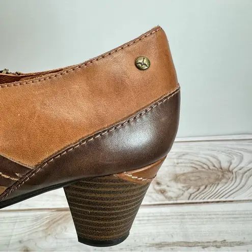 Pikolinos Lillie Camel & Dark Brown Genuine Leather Stacked Heel Booties Sz 41