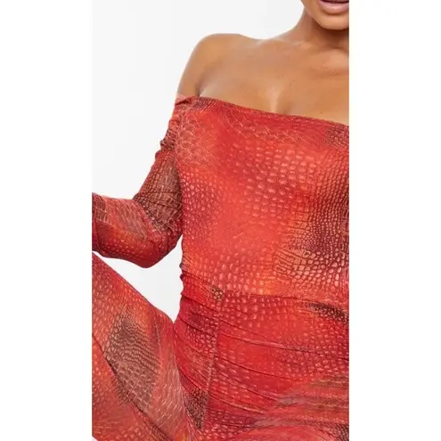 Pretty Little Thing  Orange Croc Mesh Bardot Ruched Jumpsuit Size 8 EUC