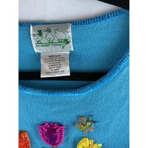 The Quacker Factory Medium Blue Tulip Embroidered Knit Top Short Sleeve Size Med