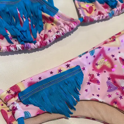 Women large Colorful Fringe triangle Bikini top side ties bottom hearts stitch Pink