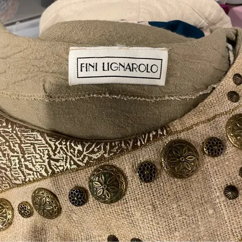 Funky Vintage 80’s oversized luxury boutique linen embellished dress chunky belt Tan Size M