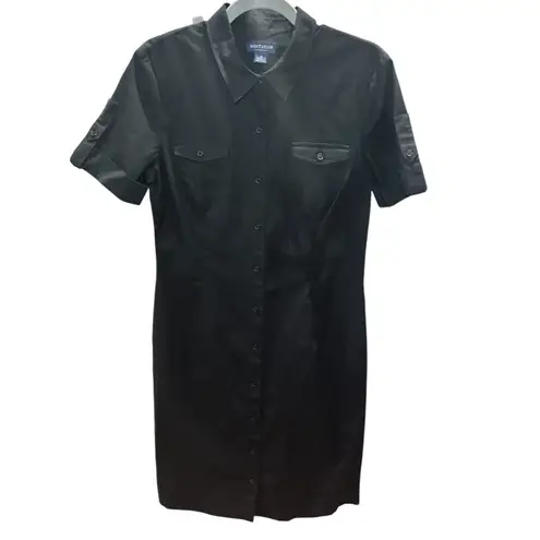 Ann Taylor Shirt Dress Black 10 Pockets Cotton Spandex Tab Sleeves Button Down