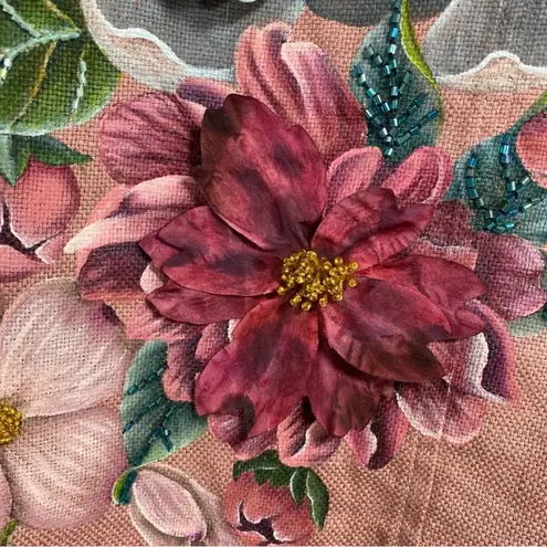 Beautiful Hand Painted Floral & Beaded Linen Jacket Sz L Pink Size L