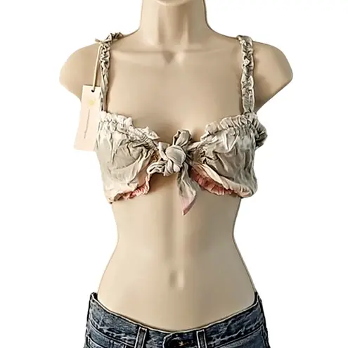 Ocean Drive Beige Tie Front Ruffle Crop Top – Size Medium – NWT Boho Festival Gray